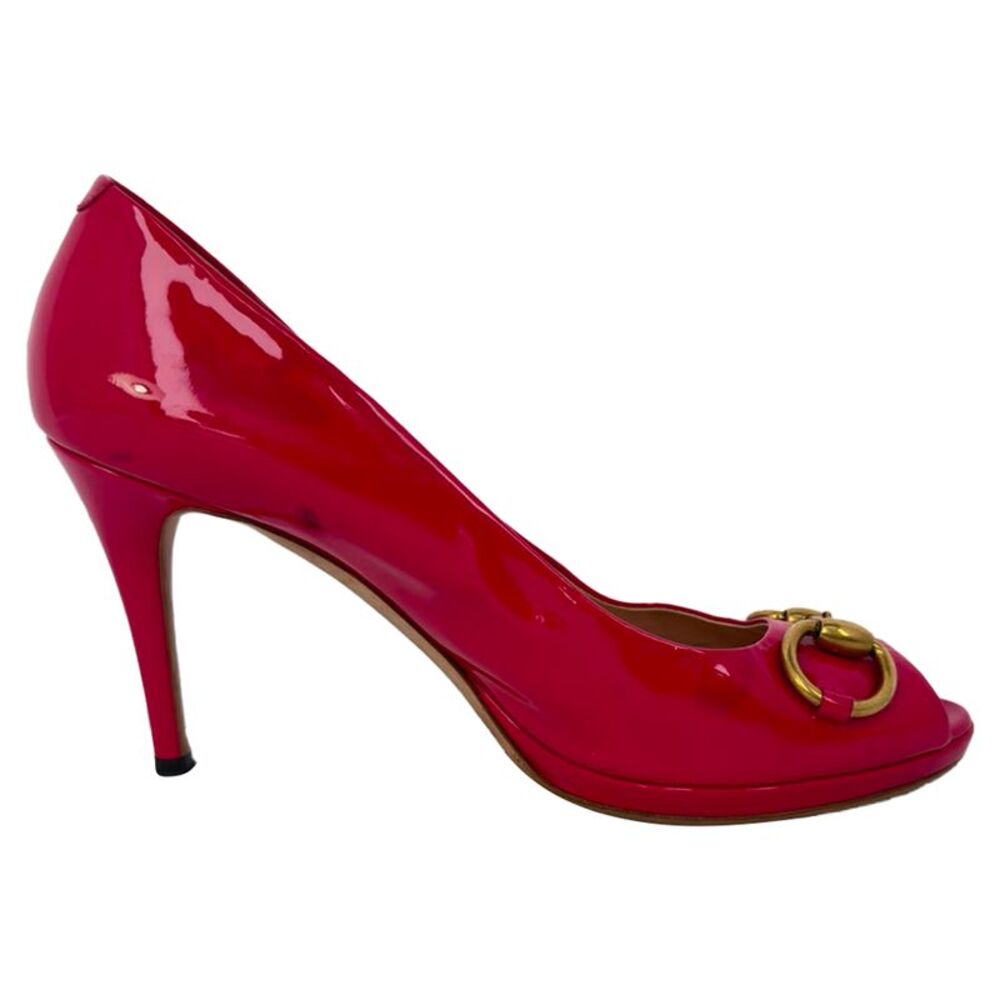 Gucci New Hollywood Horsebit Peep Toe Pumps in Pink Patent Leather